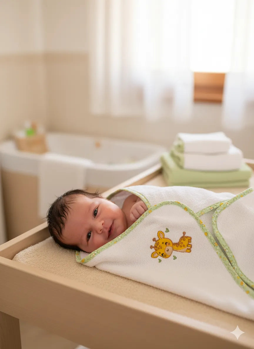 Accappatoio neonato in cotone 70x70 cm, con cappuccio e ricamo giraffa personalizzabile con nome, ideale per il bagnetto.