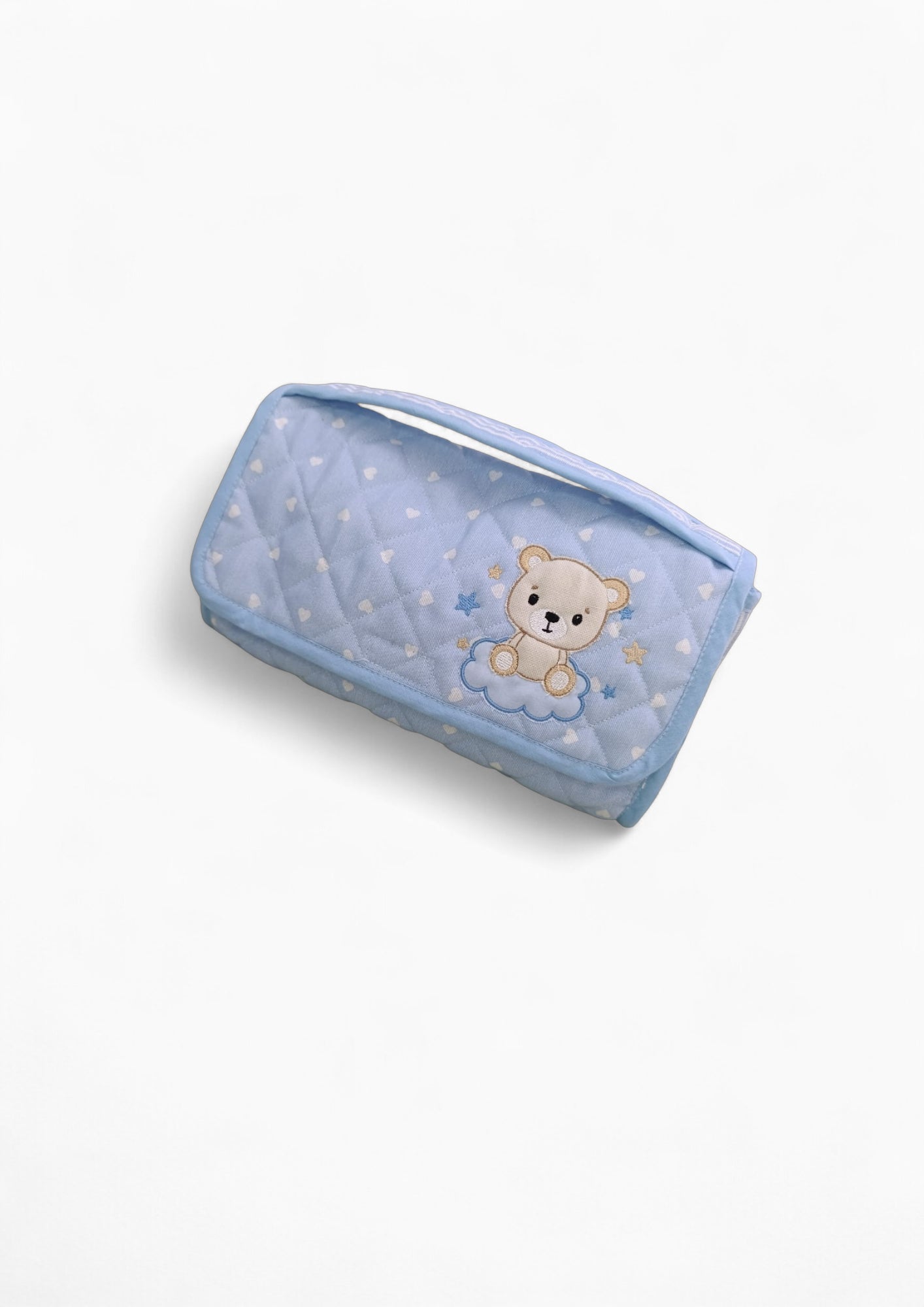 Beauty porta oggetti per neonati in cotone azzurro, trapuntato, con ricamo e chiusura a strappo. Ideale per cosmetici e accessori

