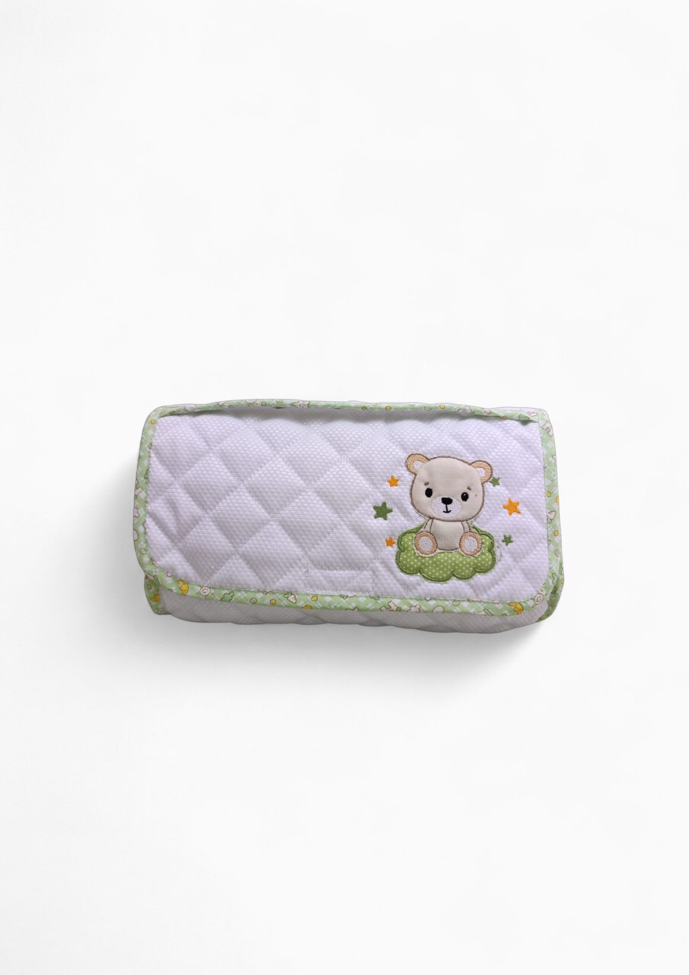 Beauty porta oggetti per neonati in cotone azzurro, trapuntato, con ricamo e chiusura a strappo. Ideale per cosmetici e accessori
