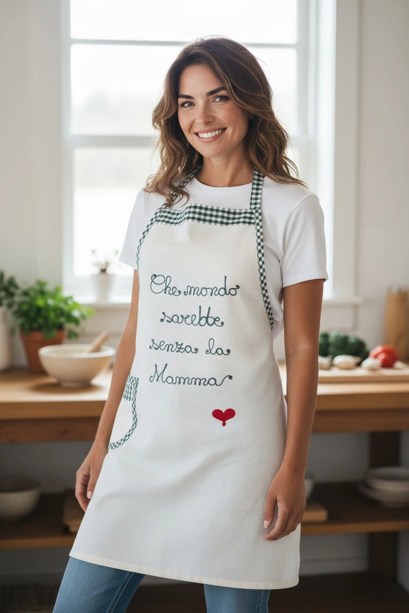 Grembiule in cotone per la festa della mamma, ricamo "Che mondo sarebbe senza la Mamma", ideale come regalo.