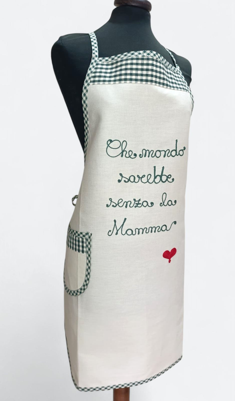 Grembiule in cotone per la festa della mamma, ricamo "Che mondo sarebbe senza la Mamma", ideale come regalo.