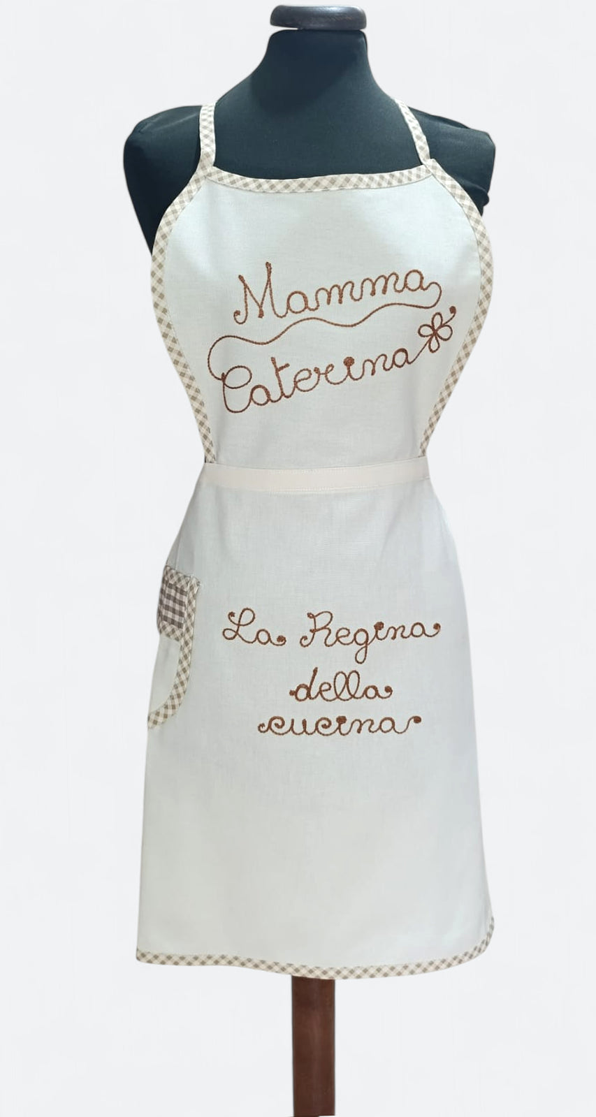Grembiule in cotone personalizzabile con ricamo, ideale come regalo.