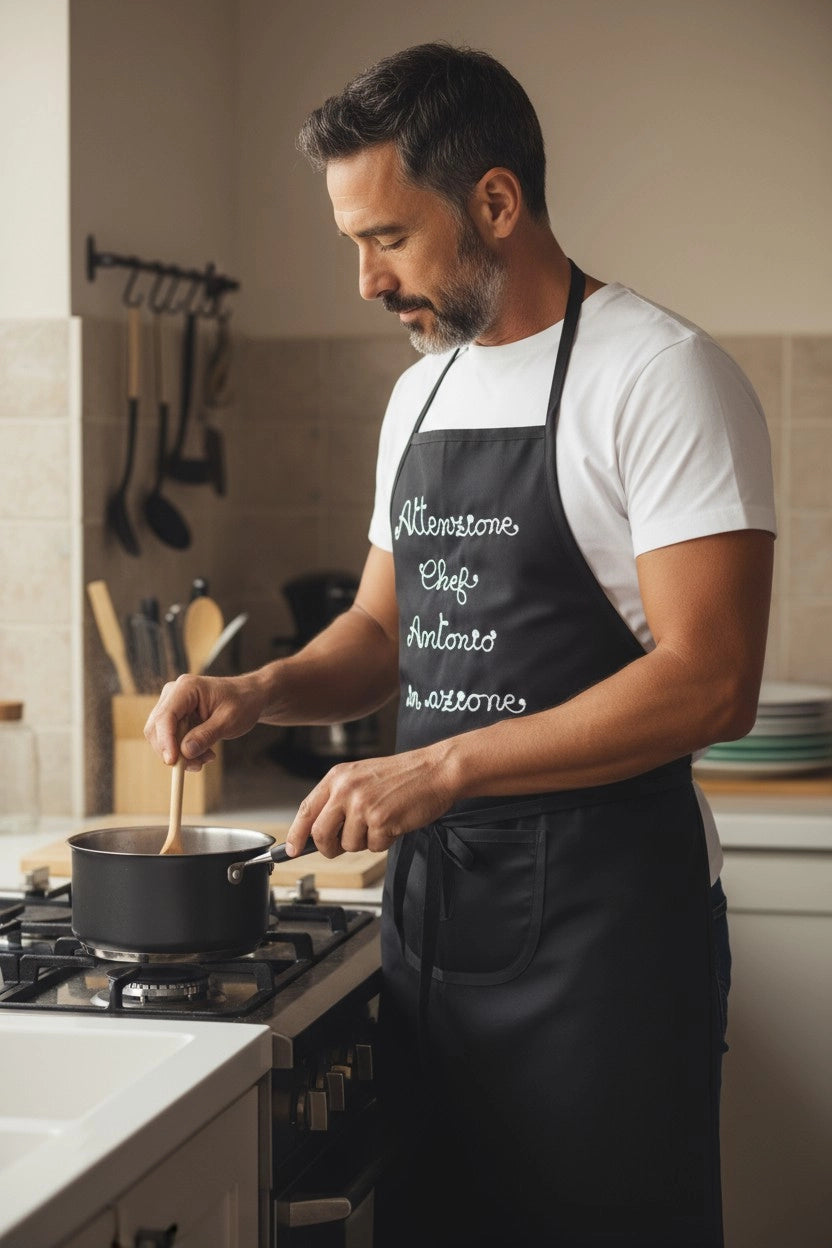 Grembiule personalizzato da uomo, nero con ricamo, 80% poliestere e 20% cotone, ideale per cucina o barbecue.
