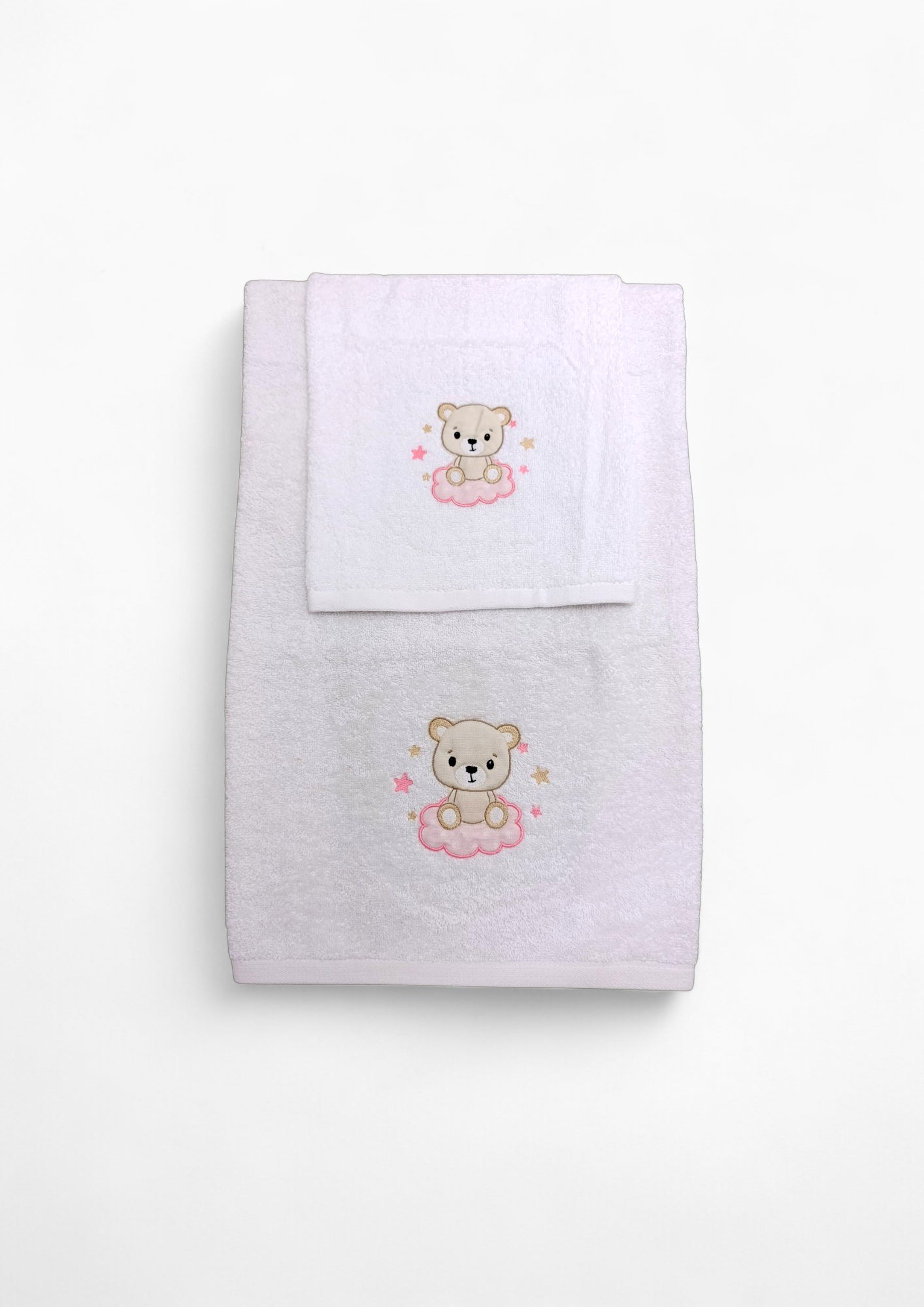 Set asciugamani 100% cotone per neonati, personalizzabile con ricamo orsetto, ideale per il bagnetto del tuo bambino.
