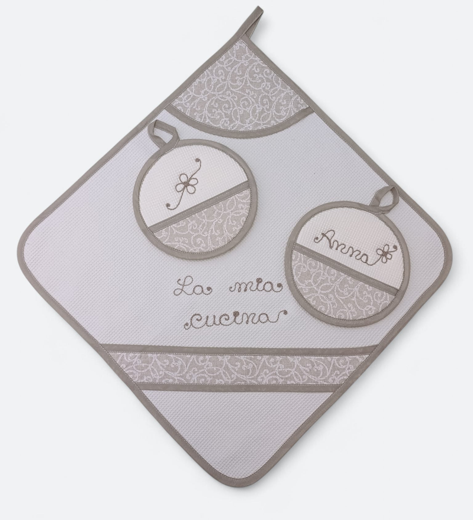 Set cucina -Strofinaccio con asola (50x50) - 2 presine diametro 19 -100 cotone
