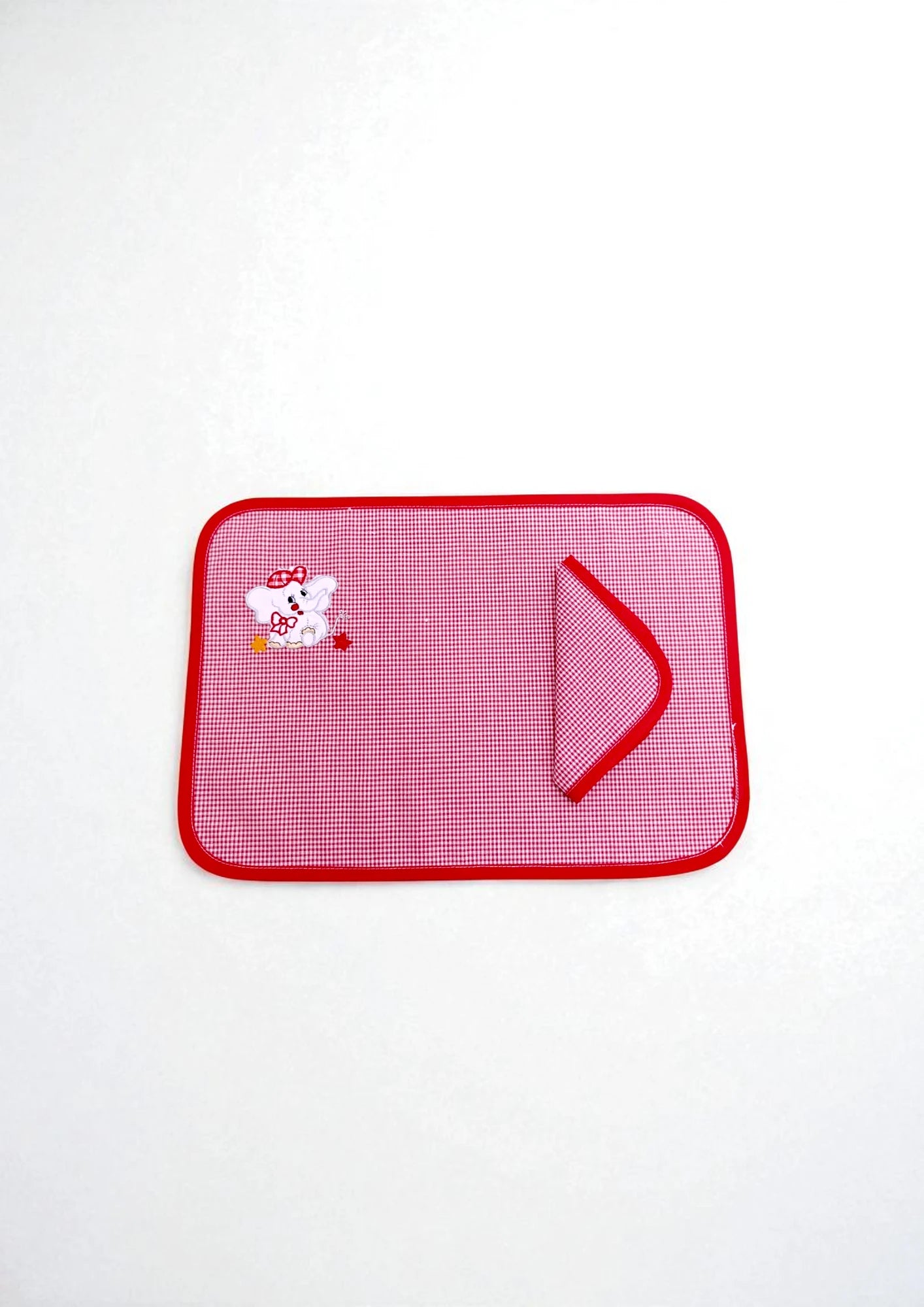 Set tovaglietta e tovagliolo in cotone con motivo a quadri, personalizzabile con ricamo di un personaggio dei cartoni animati.