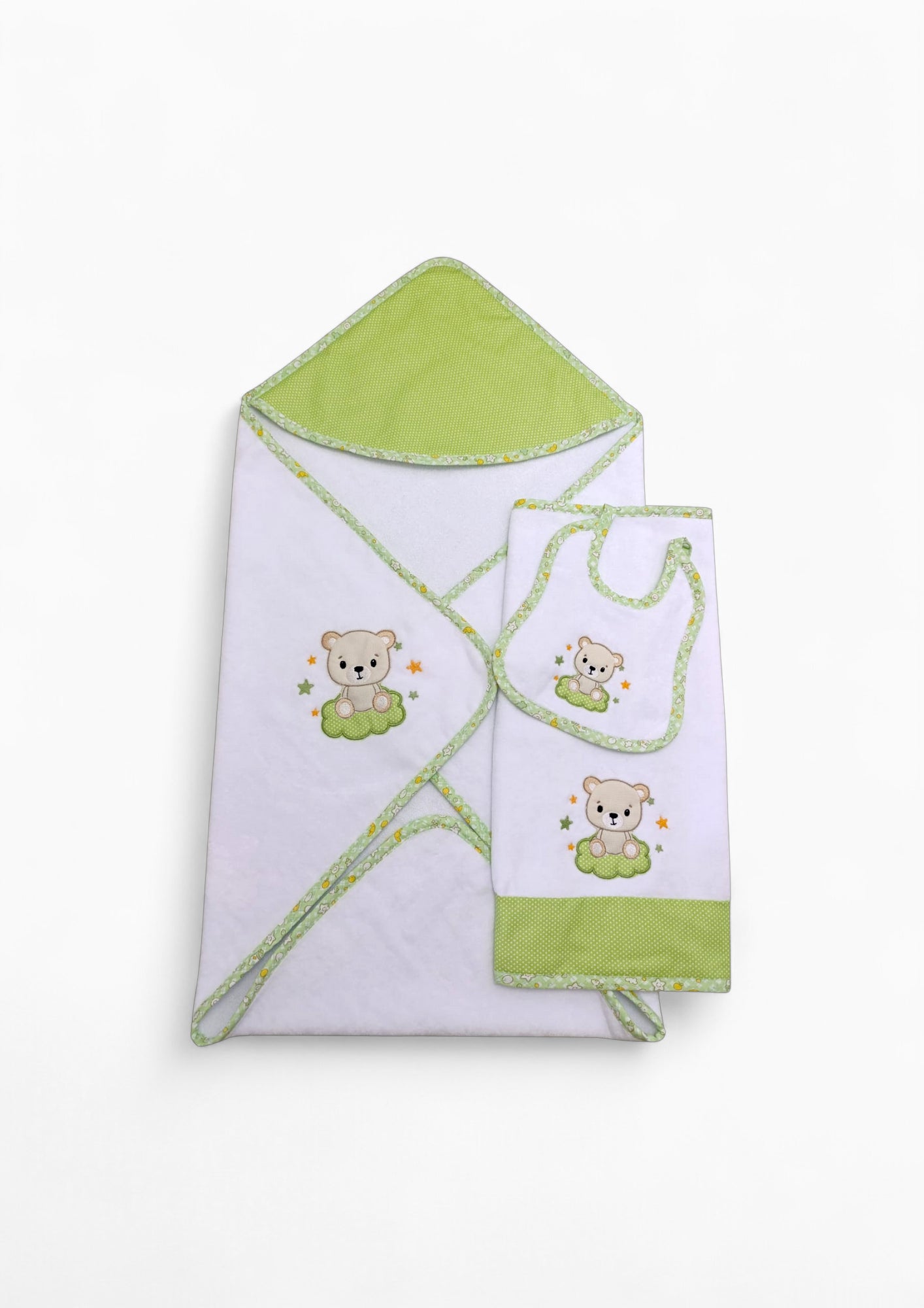 Tris nascita in 100% cotone, set regalo con accappatoio, asciugamano e bavaglino coordinati, con ricamo. Ideale per il corredo del neonato.