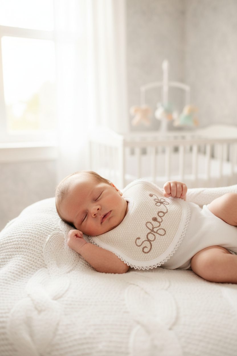 Bavaglino beige su neonato - proporzioni corrette