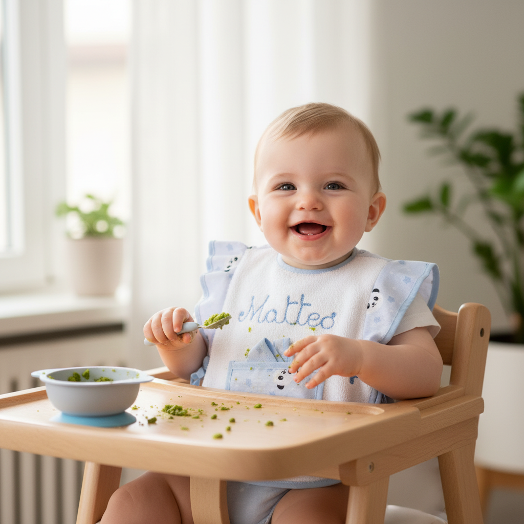Bavaglino con panda indossato da bambino durante la pappa