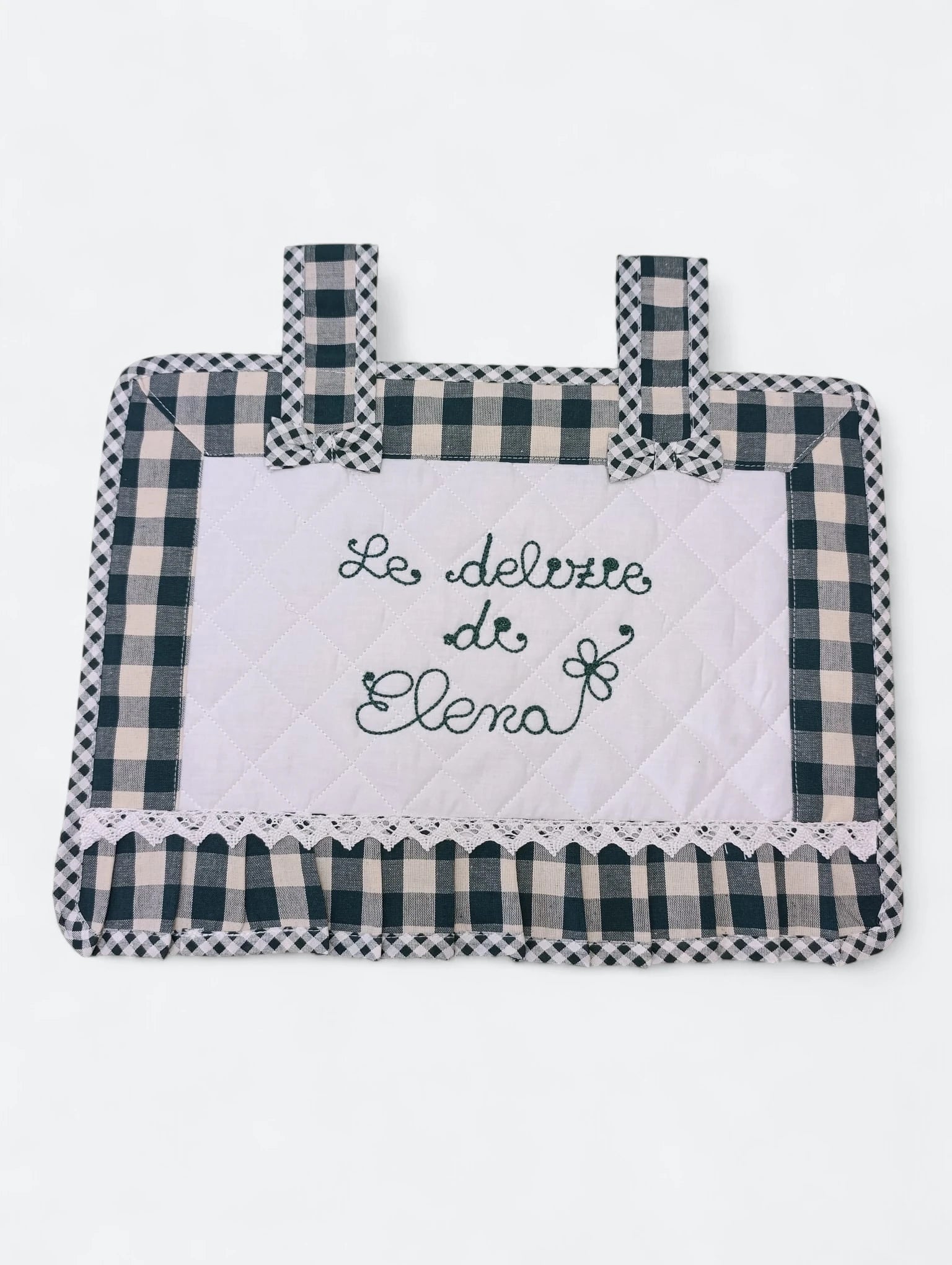 Copri forno in cotone personalizzabile, con ricamo a tema rustico e nome, ideale per arredamento cucina.