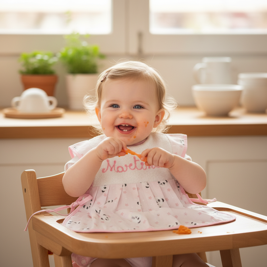 Bimba felice che indossa il bavaglino mangia pappa durante la pappa