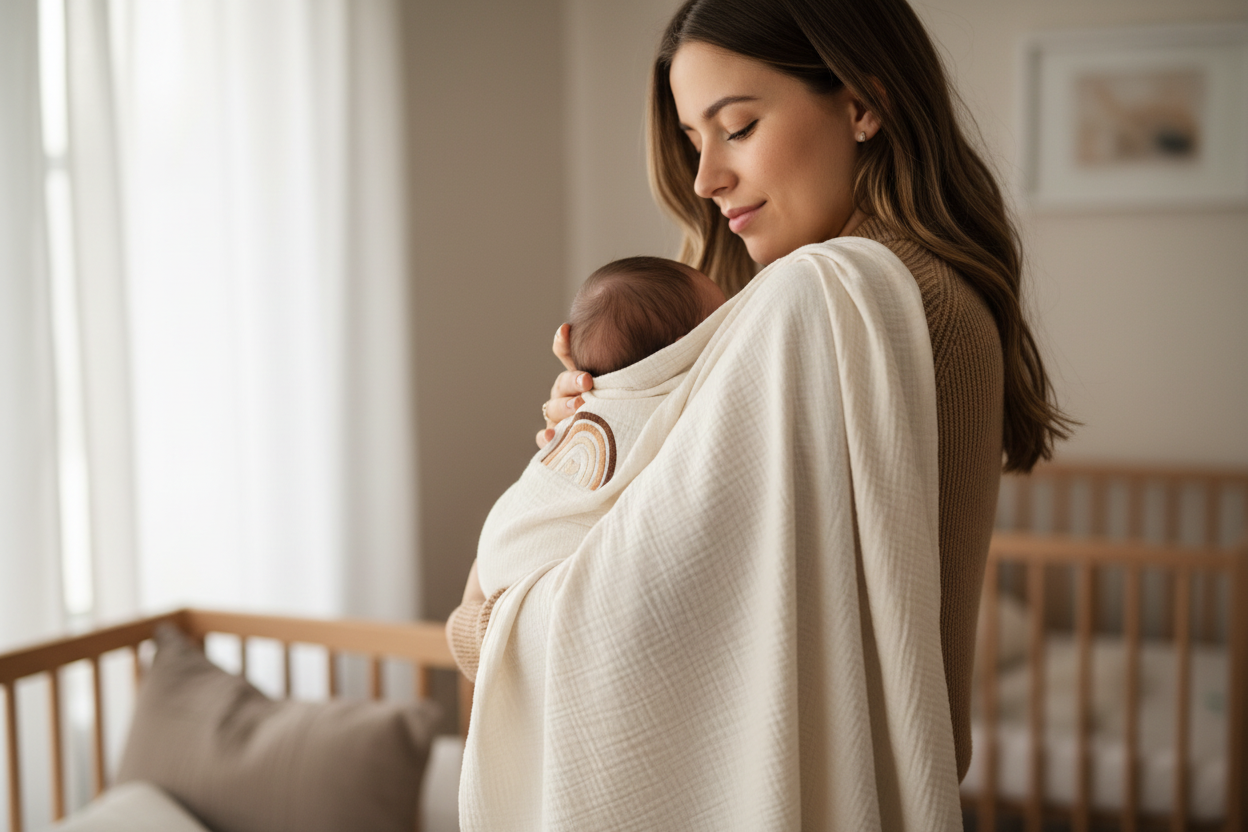 Mamma che allatta il bambino coperta con mussola in garza di cotone